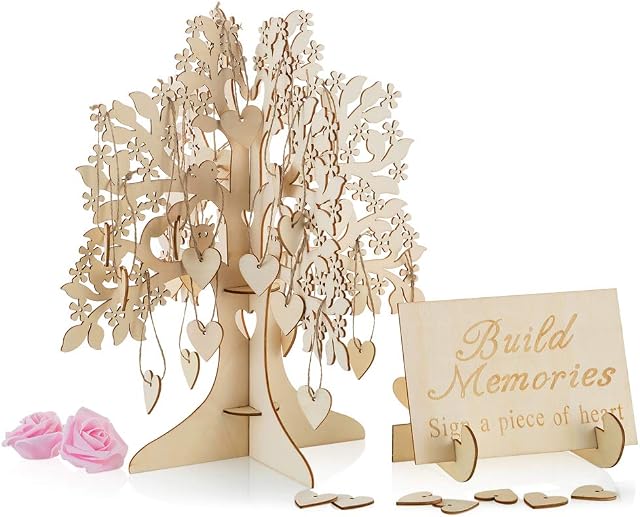 NUPTIO Unique Wedding Guest Book Alternative, Rustic Guest Registry with 50pcs Wooden Hearts, Wood Tree Frame Drop Box Guest Books with Stand