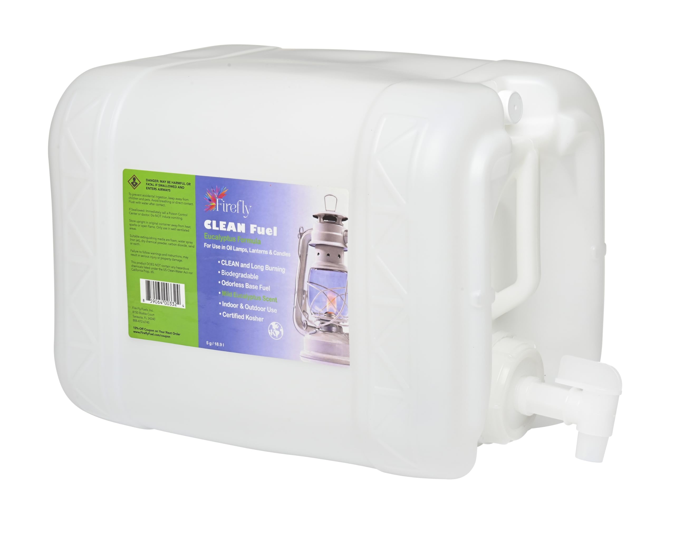Firefly Fuel Clean Fuel Eucalyptus Lamp Oil - Smokeless, Virtually Odorless, and Long-Lasting Burn Time for Indoor & Outdoor Lamps - 5 Gallons - Made in USA