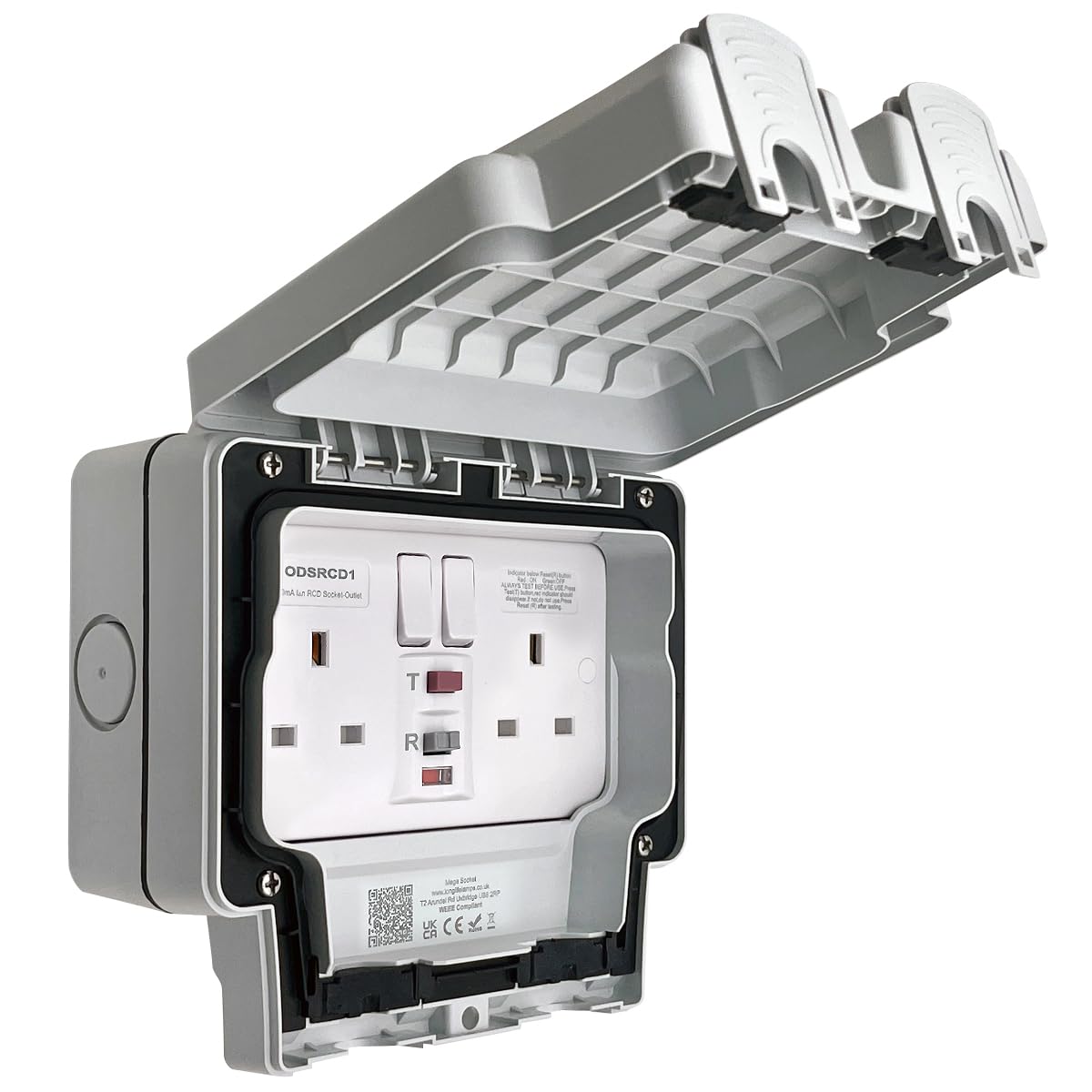 Double Outdoor RCD Switched Socket 2 Gang, IP66, Wall Mounted, Grey ODSRCD1