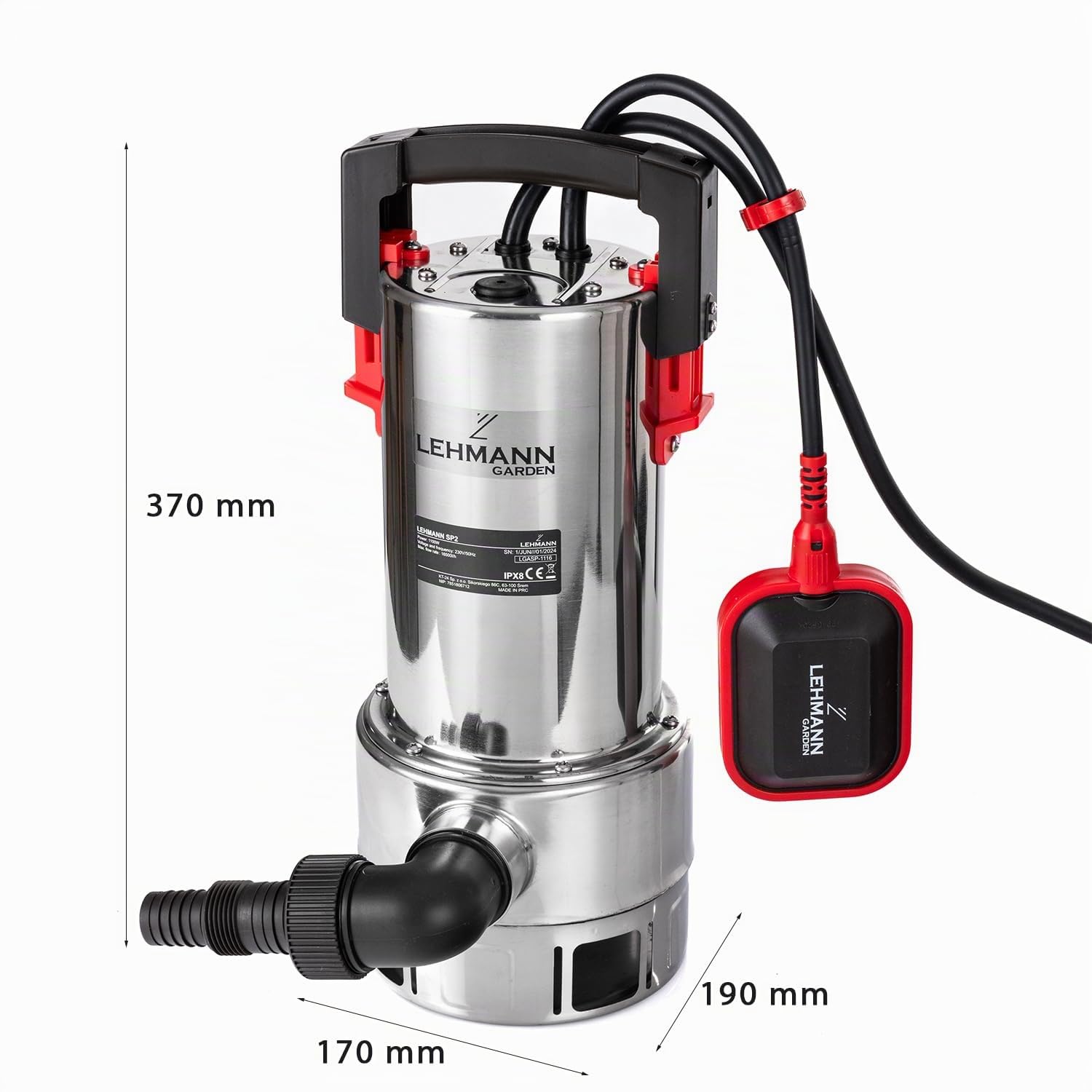 LEHMANN Pompa Sommersa con Galleggiante Integrato per Acqua Sporca e Pulita, 1100 W, con Motore a Induzione Brushless, Portata 16500 l/h, Altezza di Mandata 10,5 m, Diametro 35 mm