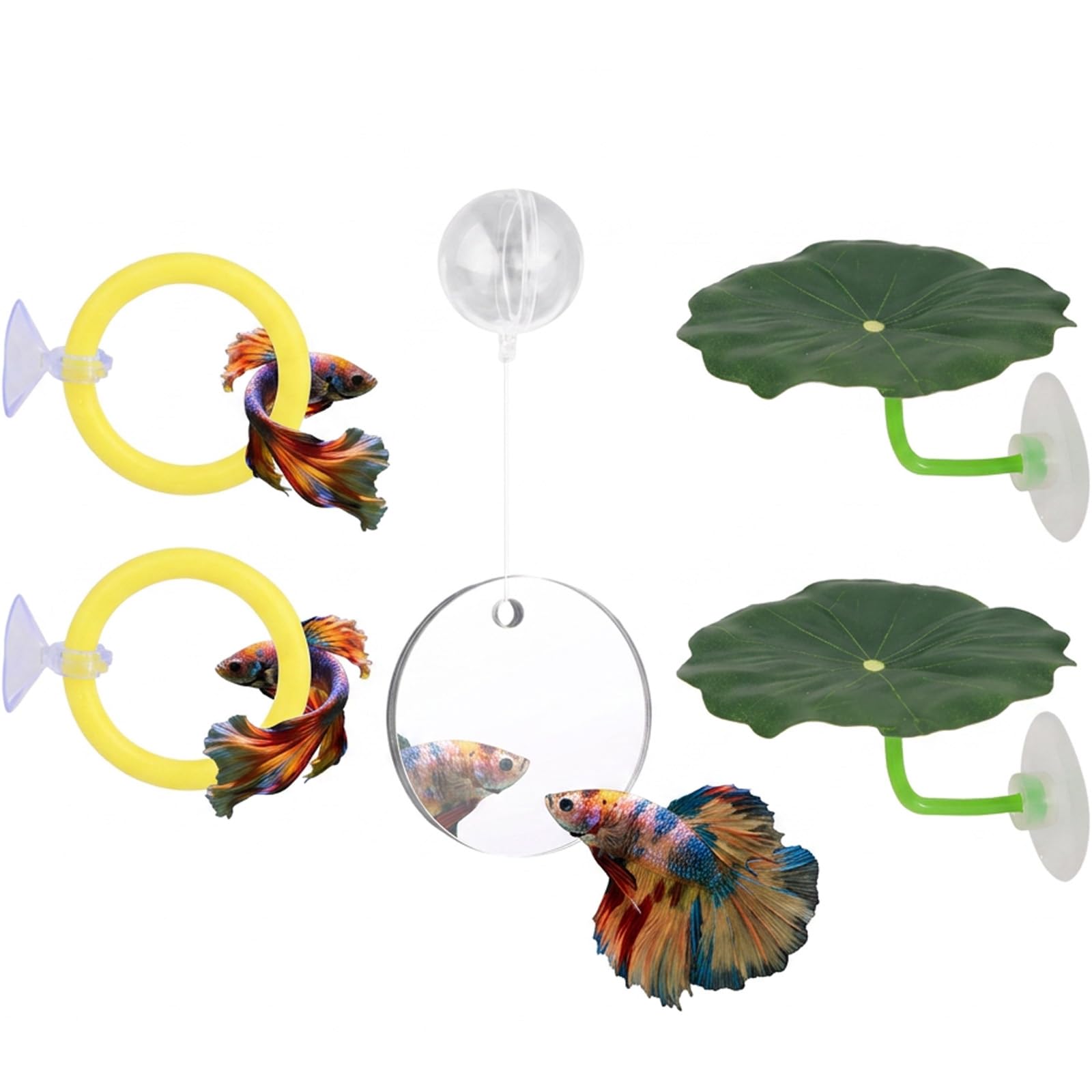 5-Piece Betta Fish Tank Accessories Set, Includes Betta Mirror with Floating Ball, Fish Exercise Ring and Artificial Lotus Aquarium Decorations for Betta Enrichment