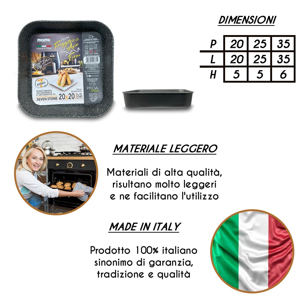 ARCA, Set 3 Teglie Alte Quadrate 20/25/35 cm, per Friggitrice ad Aria e Forno, Antiaderenti e Adatte alla Lavastoviglie, in Alluminio, Made in Italy, Altezza 5 cm (Misure Interne)