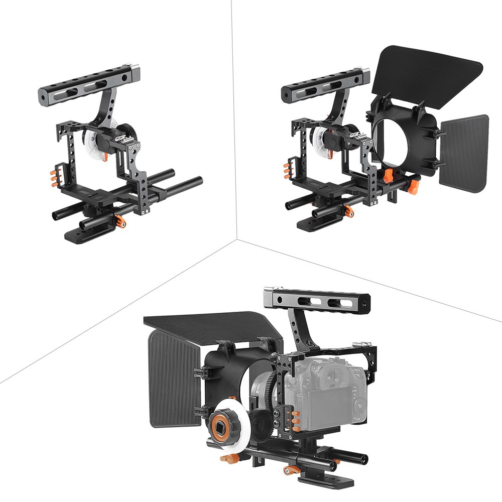 Andoer C500 Camera Rig Aluminiumlegierung Kit mit Kamera Cage, Matte Box+ folgt, Follow Focus+ Handgriff + 15mm Rod, Kamerarecorder Videokäfig Rig Installationssatz Film für Panasonic GH4