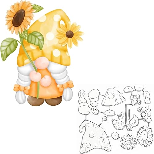Juego de 2 troqueles de metal con marco de gnomo de girasol, lindo gnomo de hoja de flor, plantillas de corte de Papá Noel para manualidades,
