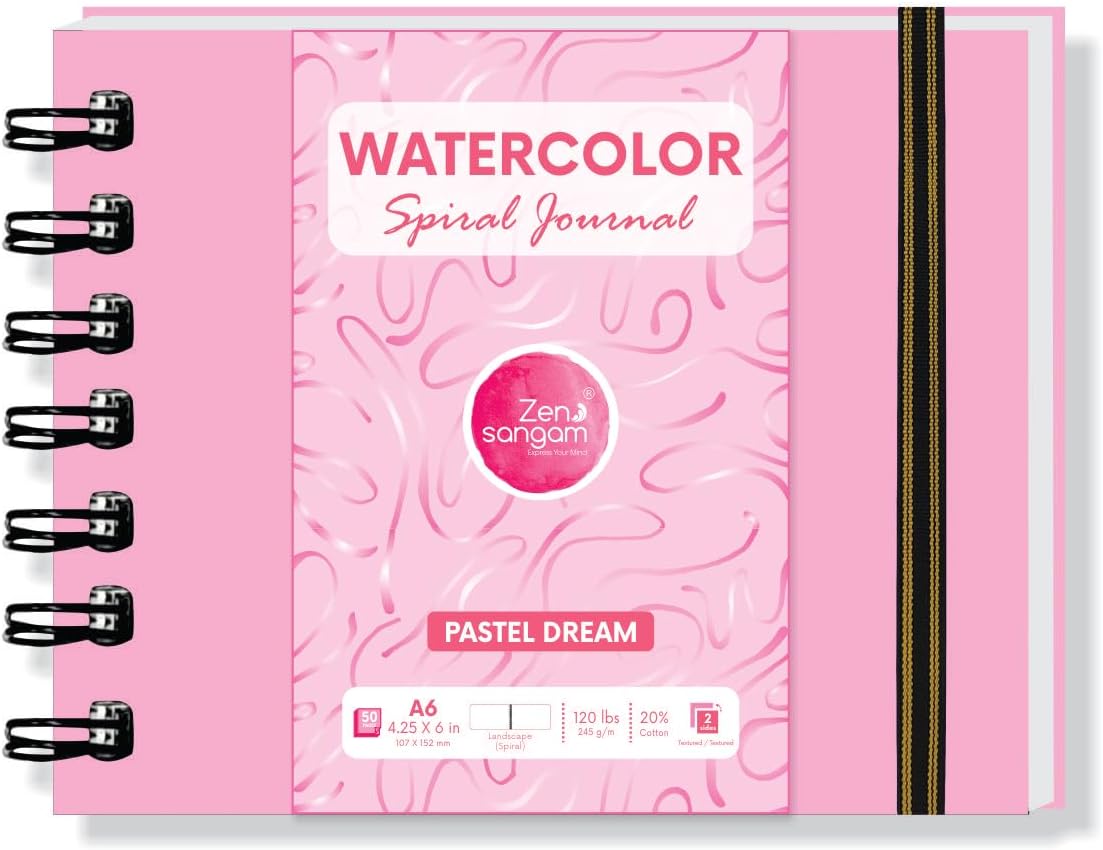 Zen SANGAM A6 Spiral Watercolor Journal | 245 GSM 20% Cotton Cold Pressed | 25 Sheets (50 Pages) | Durable Portrait Sketchbook for Artists & Professionals | Acid-Free | 10.5x14.8cm | Pastel Purple