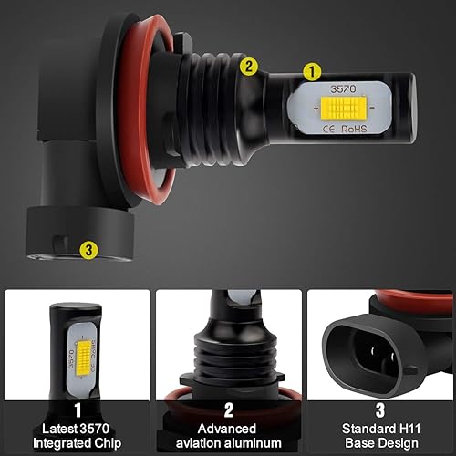 Miniatura 4 de KATUR Bombillas LED antiniebla H11 extremadamente brillantes, 2400 lúmenes, máximo 75 W, alta potencia, H8 H9, LED para circulación diurna, DRL o
