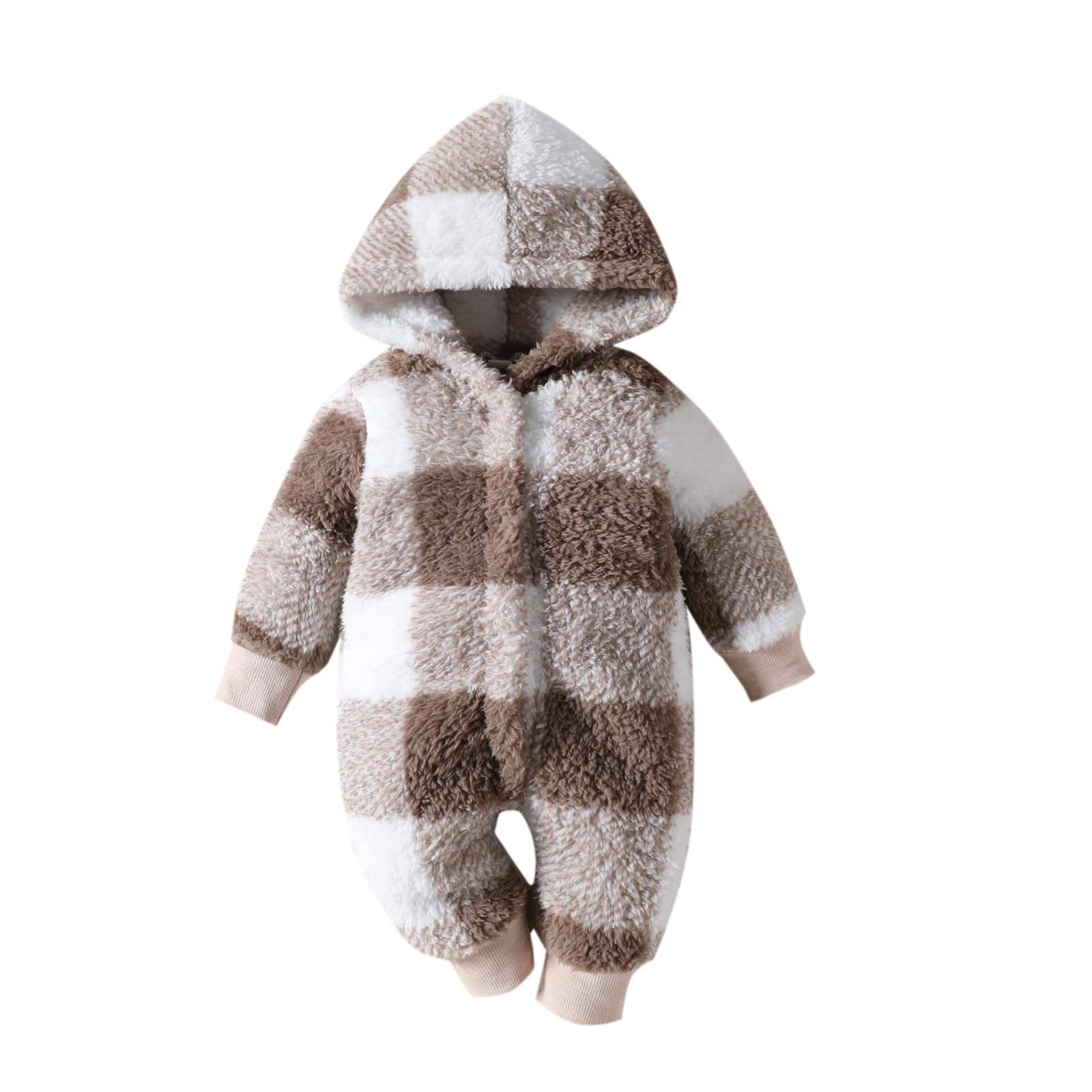 MAINESAKA Newborn Baby Bear Hooded Jumpsuit Fleece Onesie Long Sleeve Zipper Solid Color Plush Romper Snowsuit Winter Clothes (Khaki Plaid, 6-12 Months)