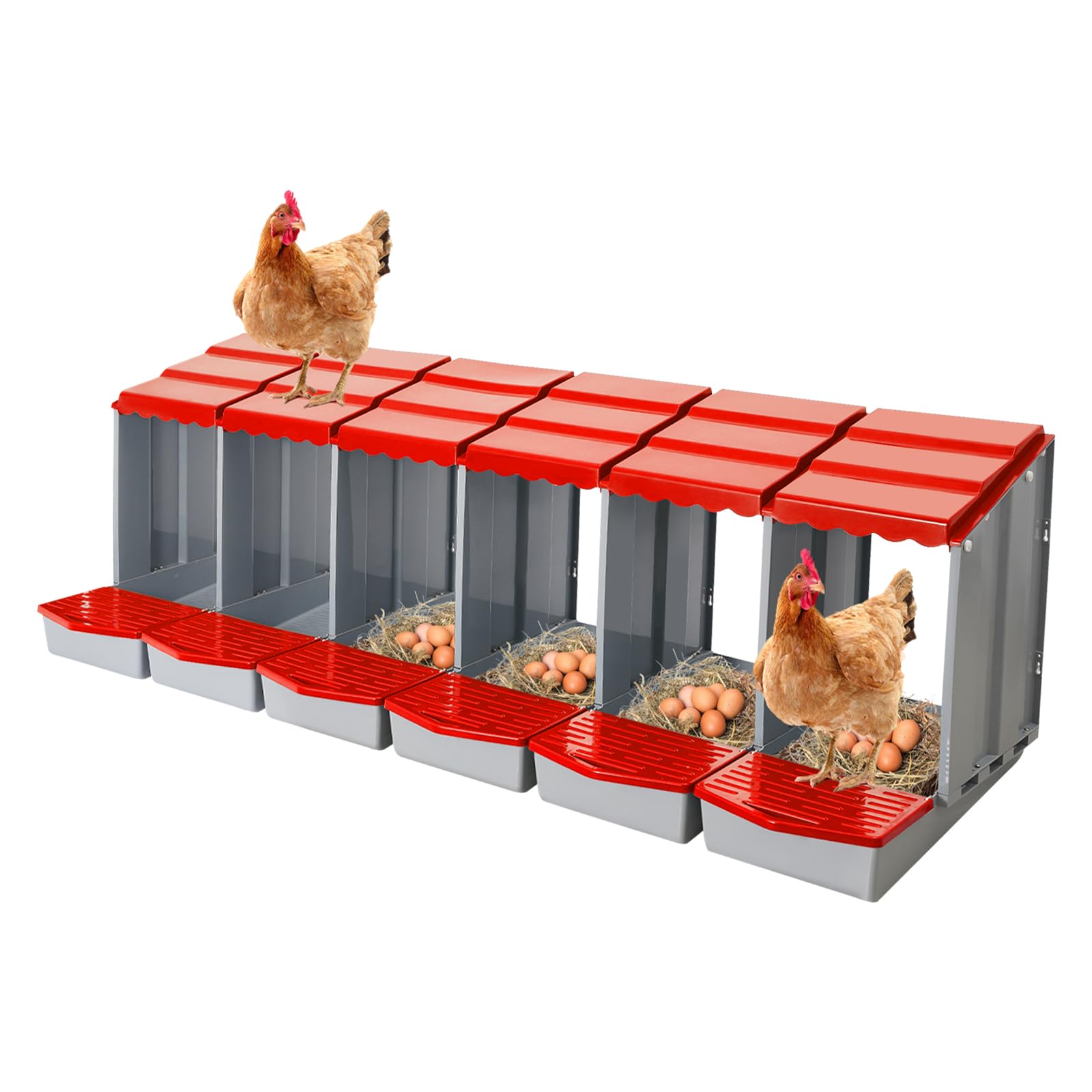 Nido de pollo con 6 compartimentos, de plástico, montaje en pared, para gallinas, patos, aves de corral, fácil limpieza (rojo)