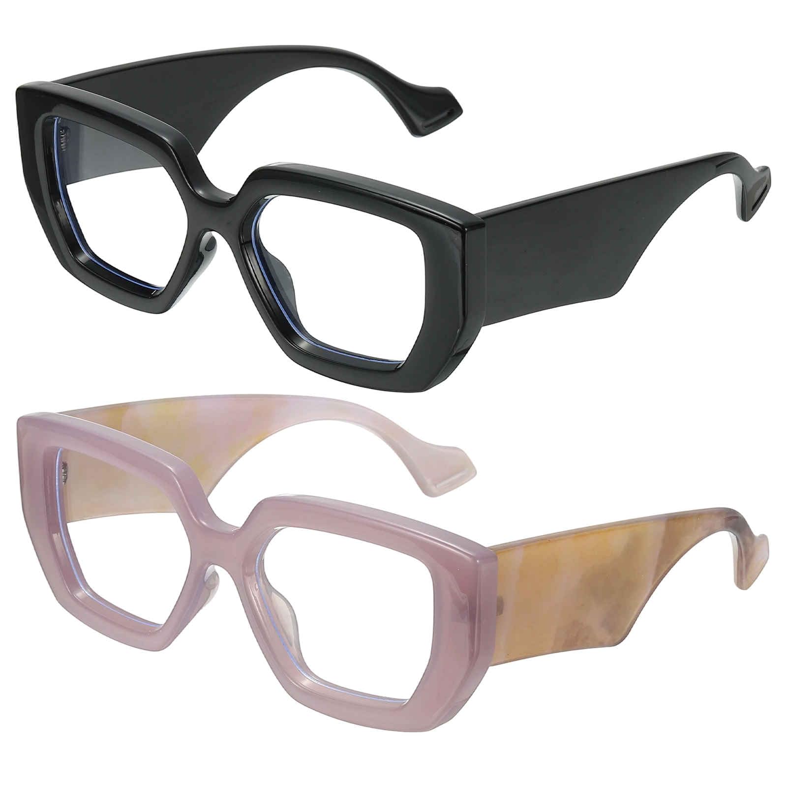 HARFINGTON 2pcs Chunky Frame Lens Thick Frame Blue Light Glasses Square Eyeglass for Women Men Anti Eyestrain Computer