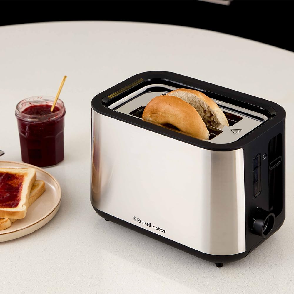 Russell Hobbs Grille-pain 2 fentes XL (6 niveaux de brunissage, surélévation, dégivrage, réchauffe-viennoiseries, arrêt auto., ramasse-miettes amovible, surface en acier inox. brossé) Heaton 27390-56