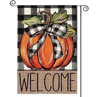 AVOIN colorlife Fall Pumpkin Welcome Garden Flag Double Sided, Autumn Thanksgiving Holiday Harvest Buffalo Plaid Yard Outdoor Decoration 12x18 Inch