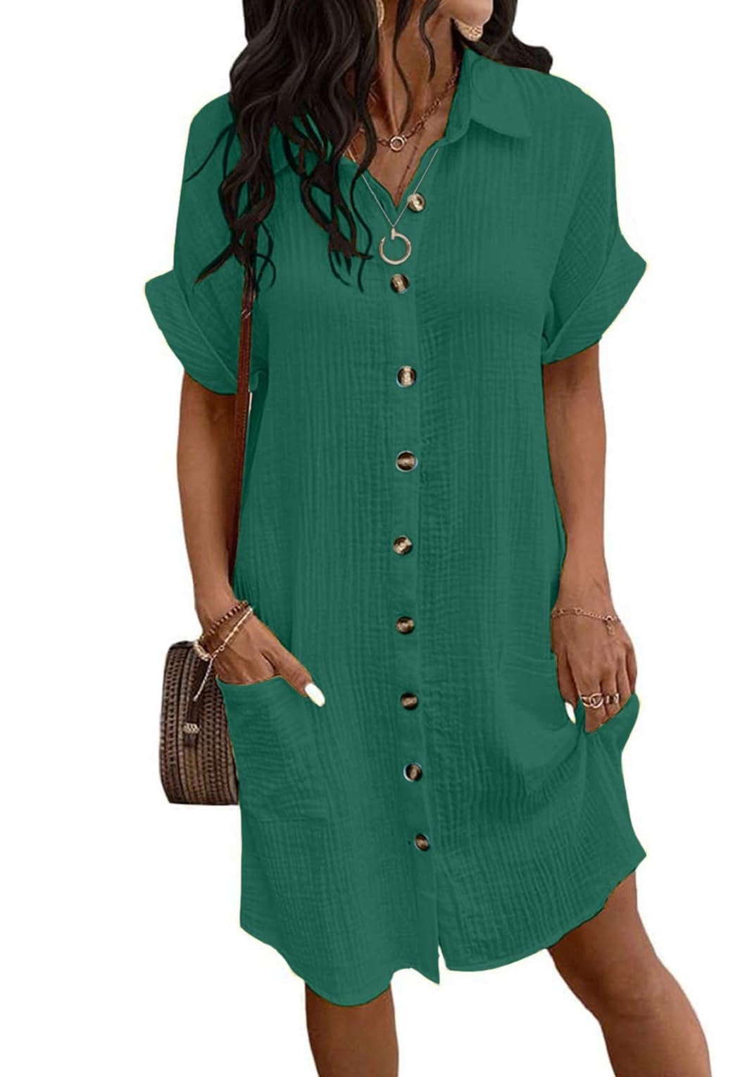 Joligiao Damen Strandkleid Musselin Kleid Sommer Kurzarm V-Ausschnitt Casual Strandkleid Freizeitkleid Sommerkleid Blusenkleid Einfarbig Button Down Midikleid Hemdkleid Leicht Strandhemd