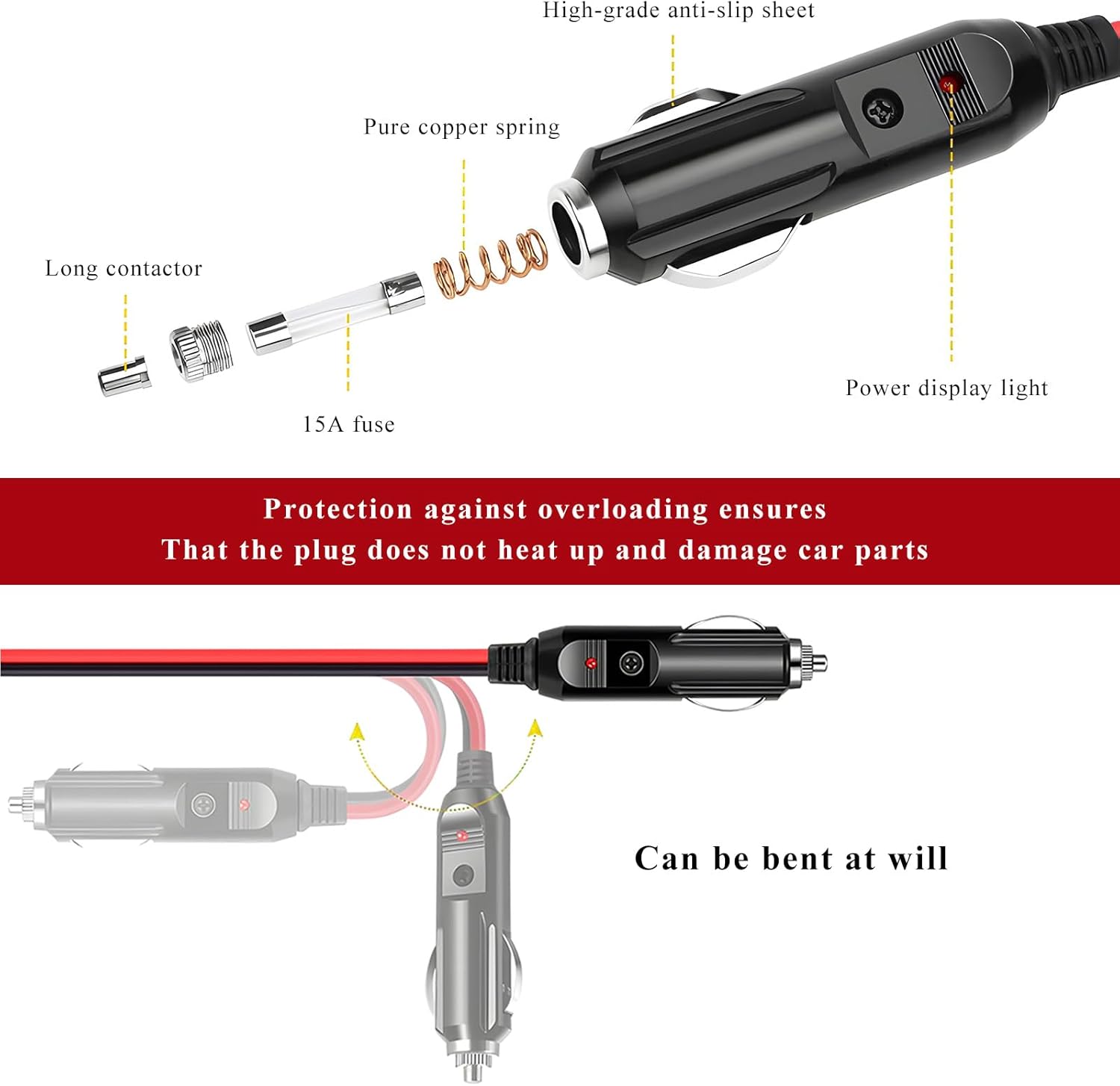 Fused Cigarette Lighter Male Plug, 12V Cigar Lighter Plug Replacement with Extension Cable & LED Light, 15A 16AWG Fused Socket Cord DC Battery Charger Kit for Most Vehicles