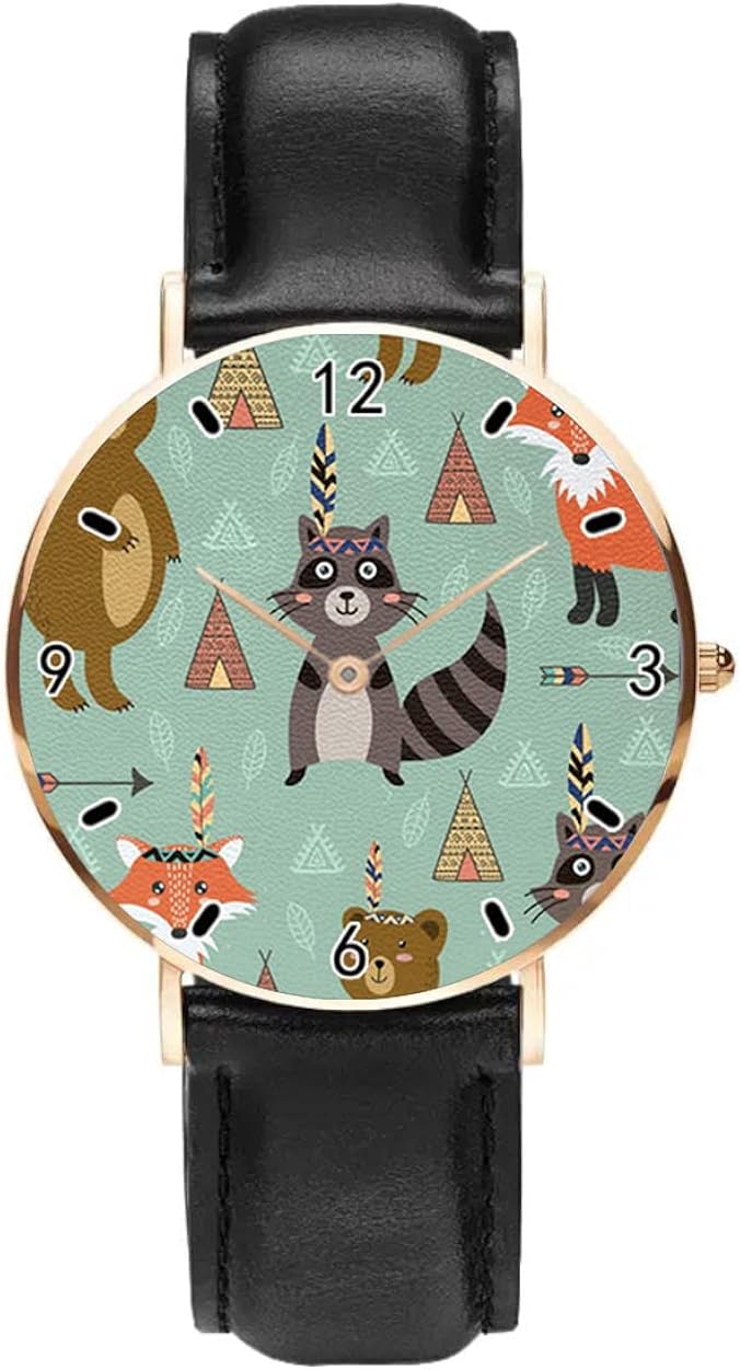 Étnico Flecha Bosque Animal Raccon Fox Relojes simples para hombres mujeres Casual Impermeable Relojes de cuarzo clásico de cuero de negocios, negro