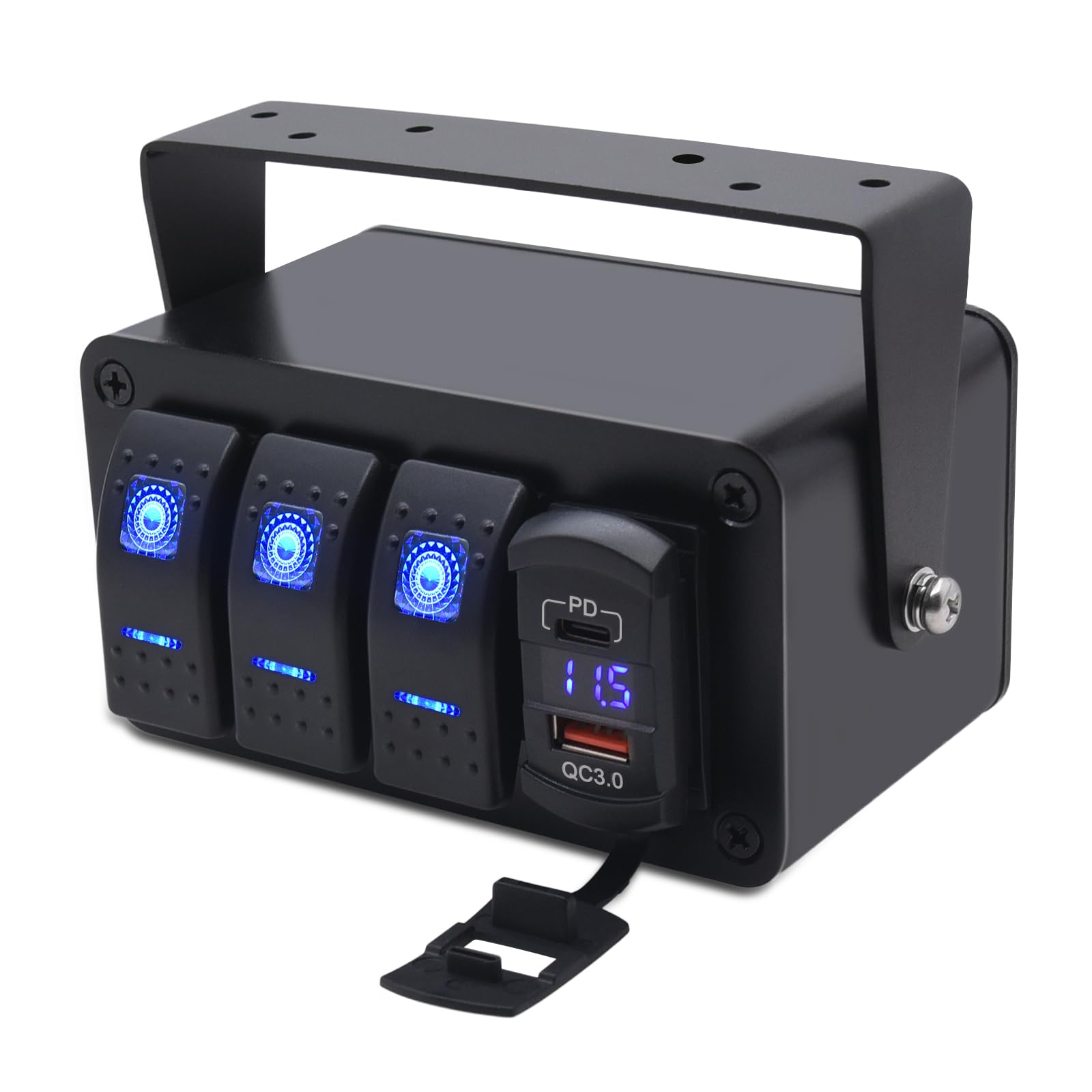 KAOLALI 3 Gang Pannello Interruttori per Auto 12V/24V Interruttore a Levetta con 4.8A Porta di Ricarica PD & QC3.0 Voltmetro Interruttore a Bilanciere Impermeabile per Auto Camion Barche Camper