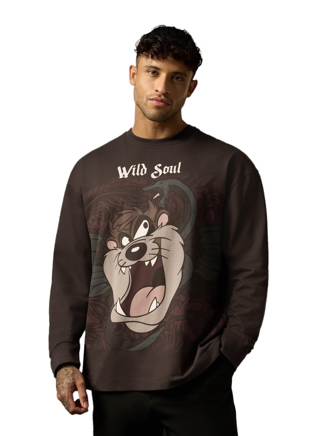 the souled store Looney Tunes: The Wild Soul Men and Boys Long Sleeves Round Neck Brown Graphic Printed Casual Lightweight Drop Shoulder Streetwear Trendy Oversized Full Sleeve T-Shirt-picture-18