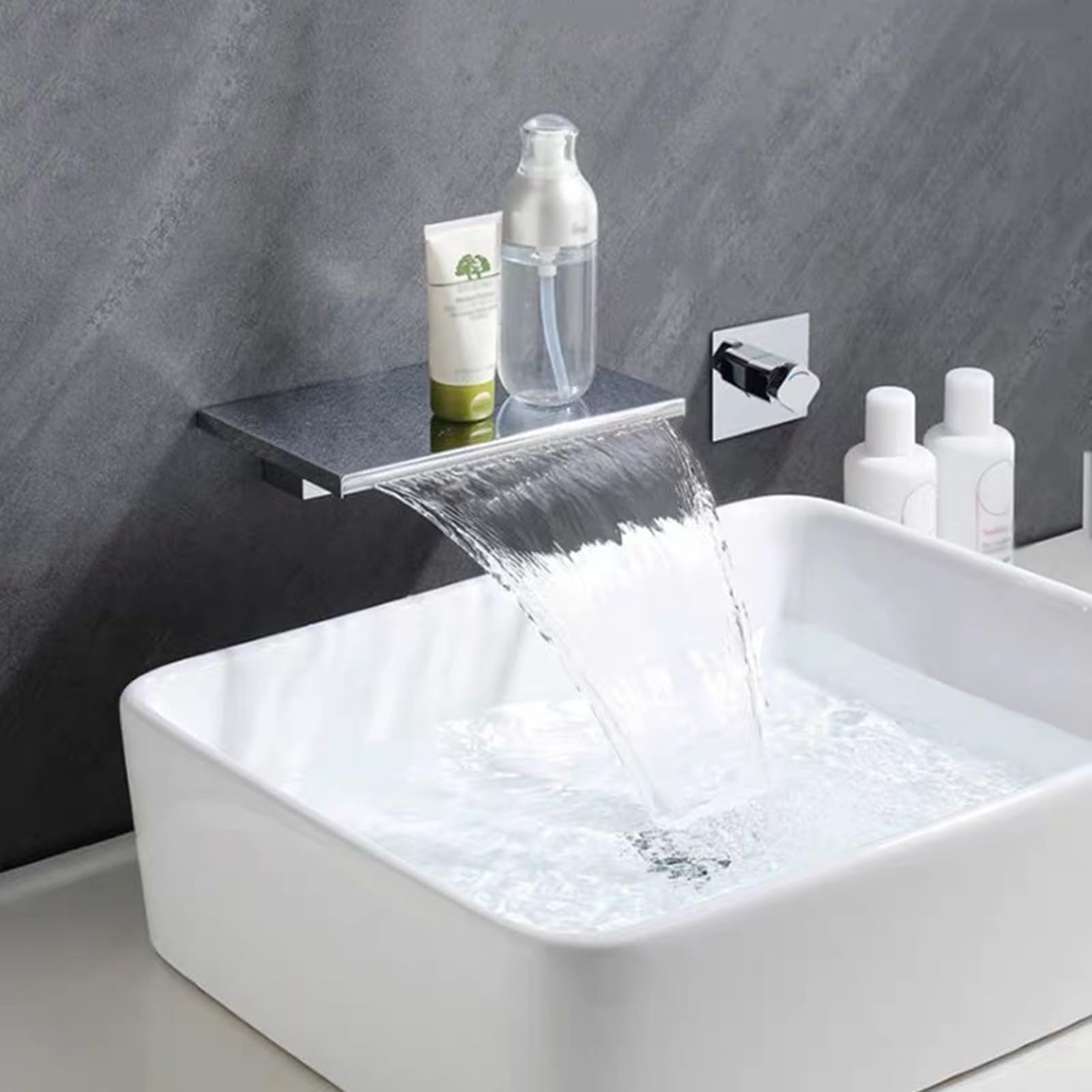 ZQFHSX Bathroom Basin Mixer Tap Wall Mounted Wide Mouth Single Handle Waterfall Taps Brass Split Type Tap,Chrome