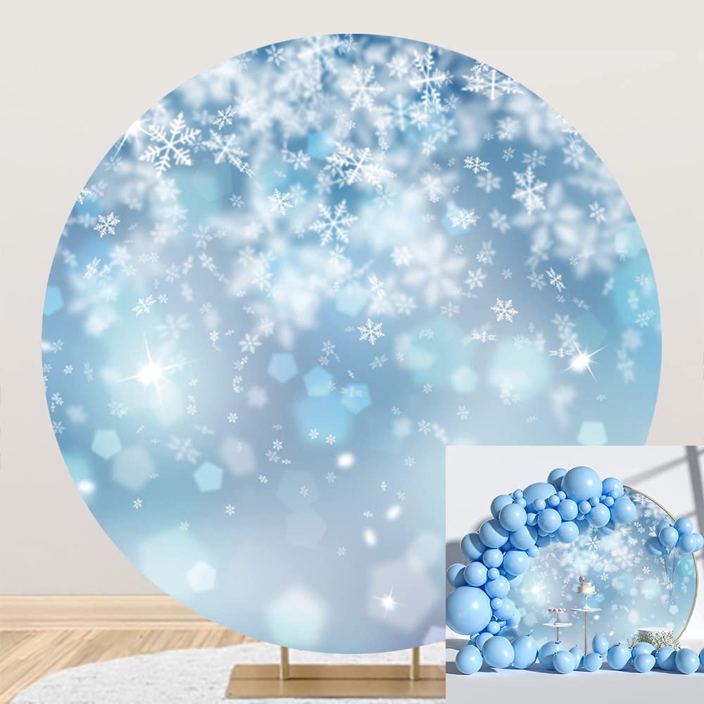 OERJU 7.2x7.2ft Winter Snowflake Round Backdrop Christmas Snow Flakes Ice Blue Bokeh Circle Photography Background Family New Year Xmas Eve Party