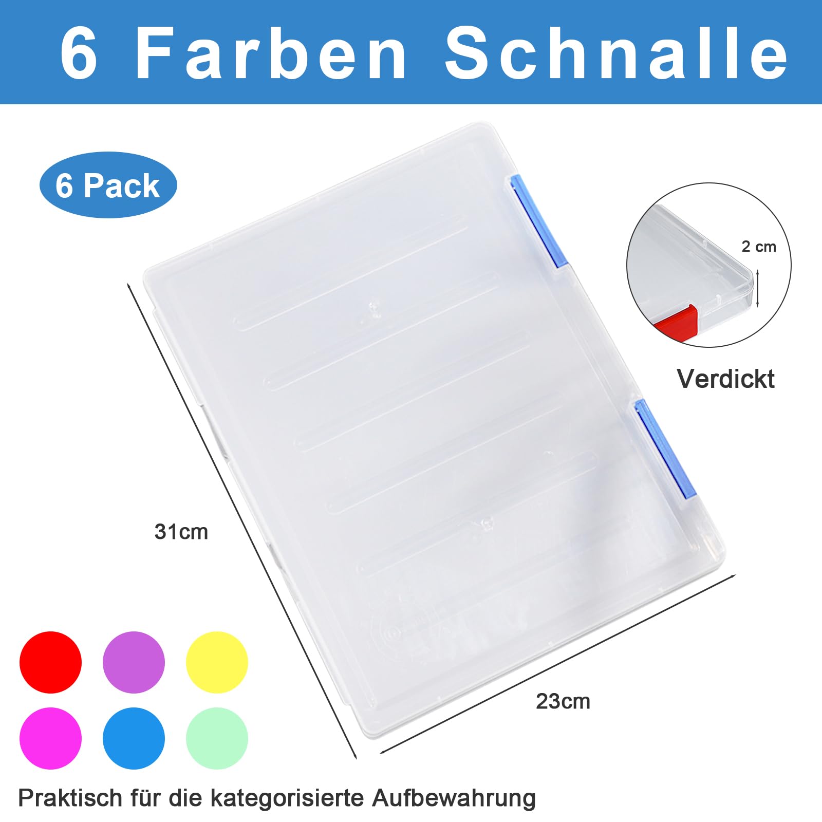 Polegas 6 confezioni di scatole portadocumenti A4, scatole trasparenti con chiusure a clip di diversi colori, scatole con coperchio per conservare carta, materiale artistico, mattoncini da costruzione