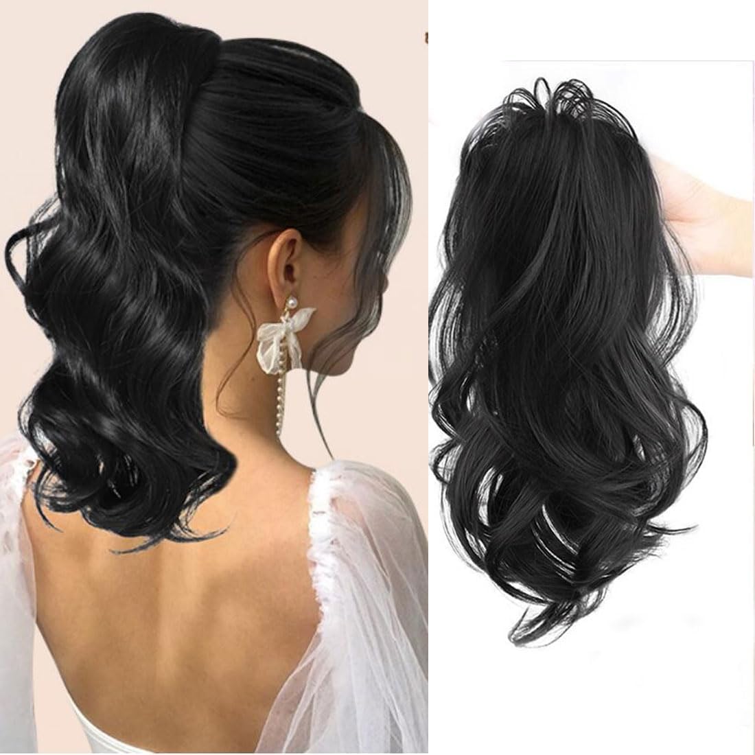 Miss Lirenn® High Fountail Ponytail Extension Claw Multi Layered Hair Wavy Curly Jaw Clip in Fake Pony Tails Fake Hair Soft Natural Looking Synthetic Hair Extension for Women(Black Color#1B) (Black)
