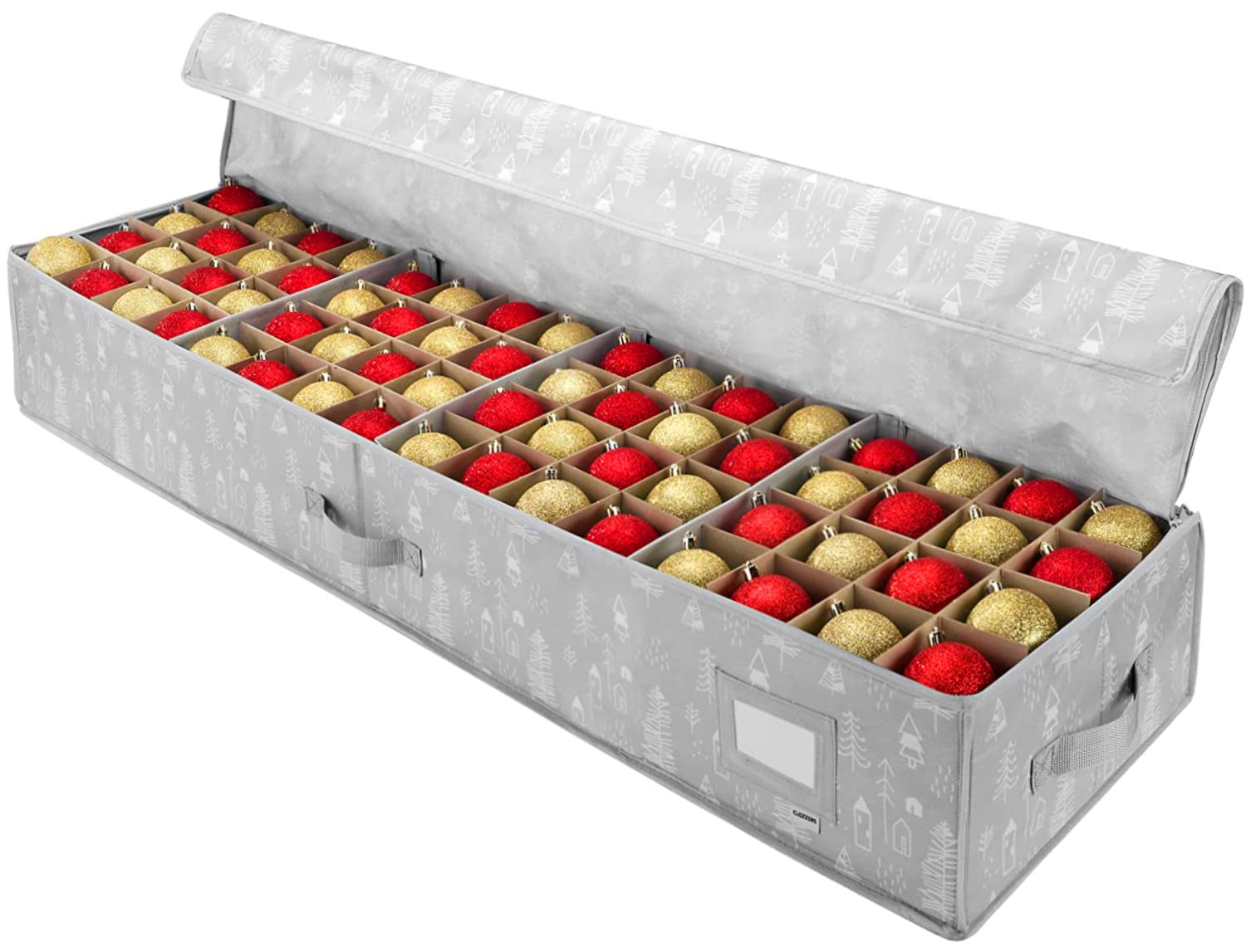 Large Christmas Ornament Storage Box-Storage Container Keeps 128 Holiday Ornaments and Xmas Accessories, Underbed Storage Organizer, 3-inch Compartment, Adjustable, Dual Zipper, Tear-Proof Material