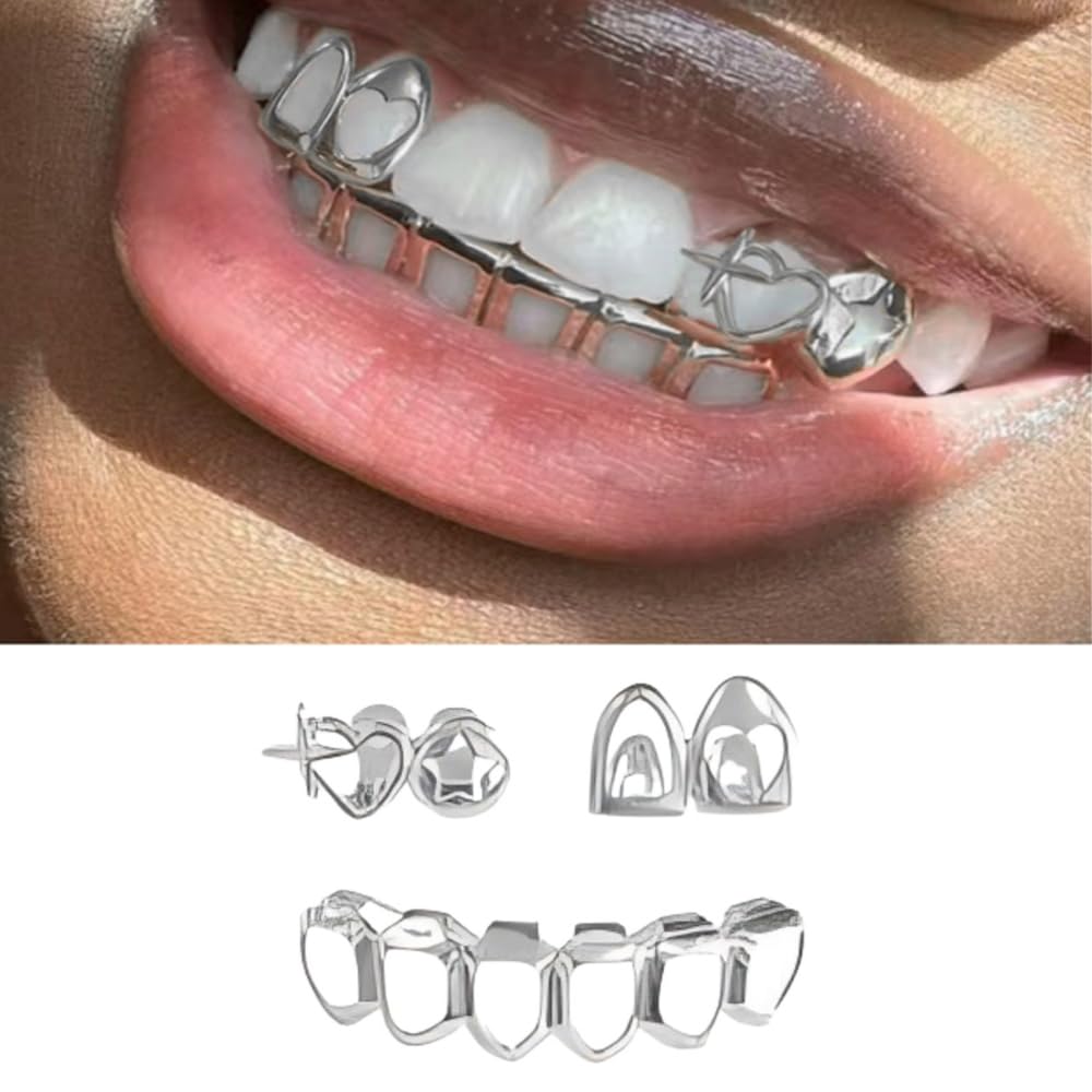 SSyang Hip-hop Teeth,1 Set Teeth Grills,Hip Hop Teeth Grills,Hollowed-out Argent Plated Tooth,Braces Top and Bottom Grill Cap Shiny Teeth,for Men's and Women's Parties,Proms,Halloween Role Plays - Image 4