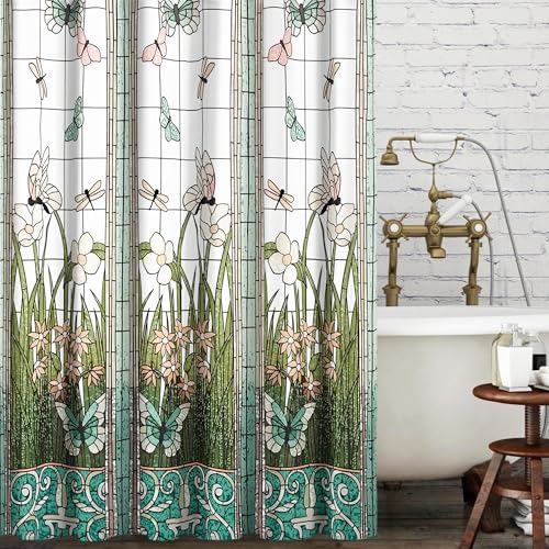 Stained Glass Dragonfly Flower Shower Curtain with 12 Hooks - 72