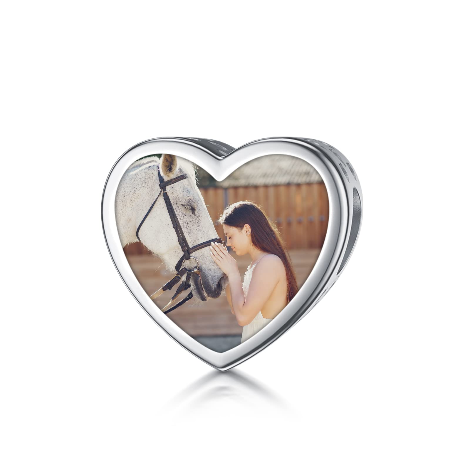 LONAGO Personalisierter Foto Charm 925er Sterling Silber Schmetterlings Pfau Pferd mit Mädchen Perlen Charm für Charm Armbänder