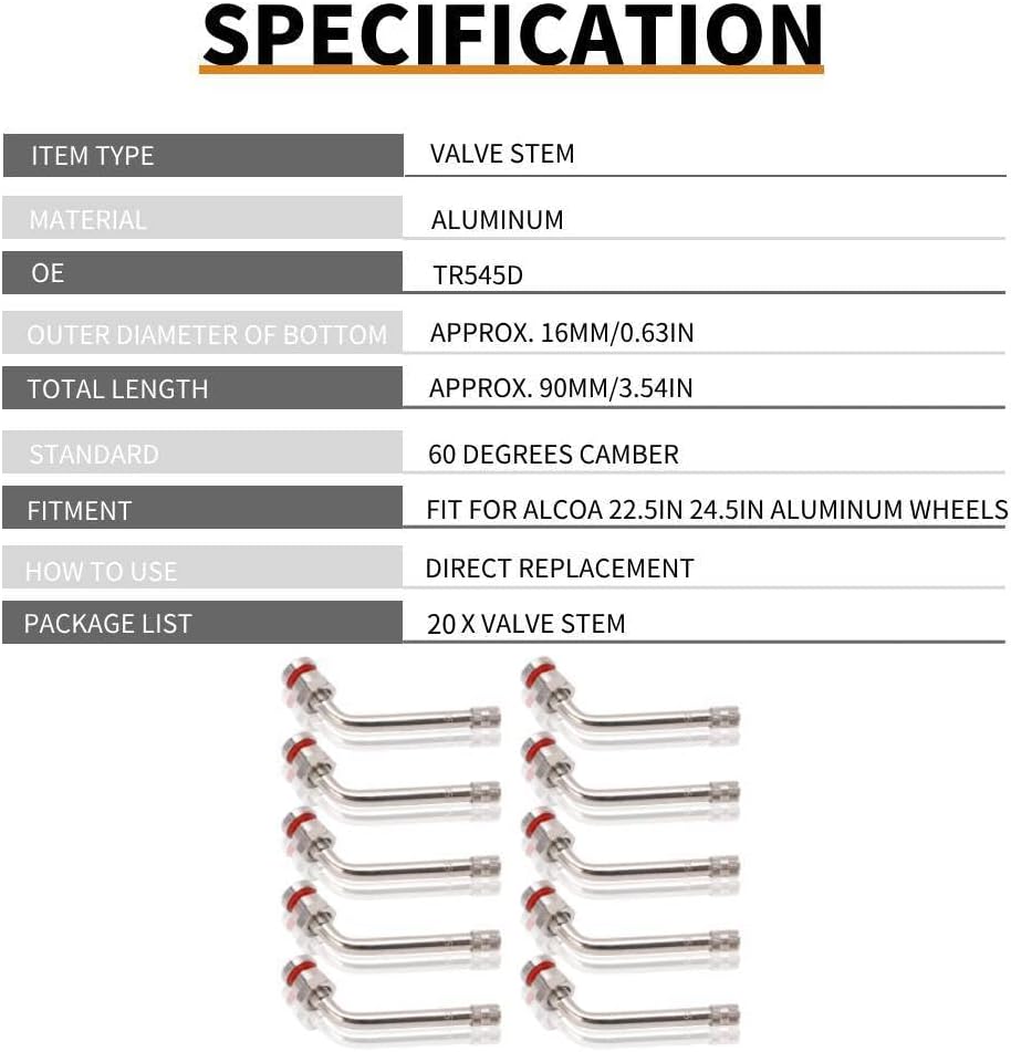 Keenso Aluminum Truck Tire Valve Stems, Heavy Duty Valve Stems TR545D 60 Degree Design for 22.5in 24.5in Wheels, for Truck, Trailer, Commercial Vehicles, Agriculture Machinery, Industrial Equipment