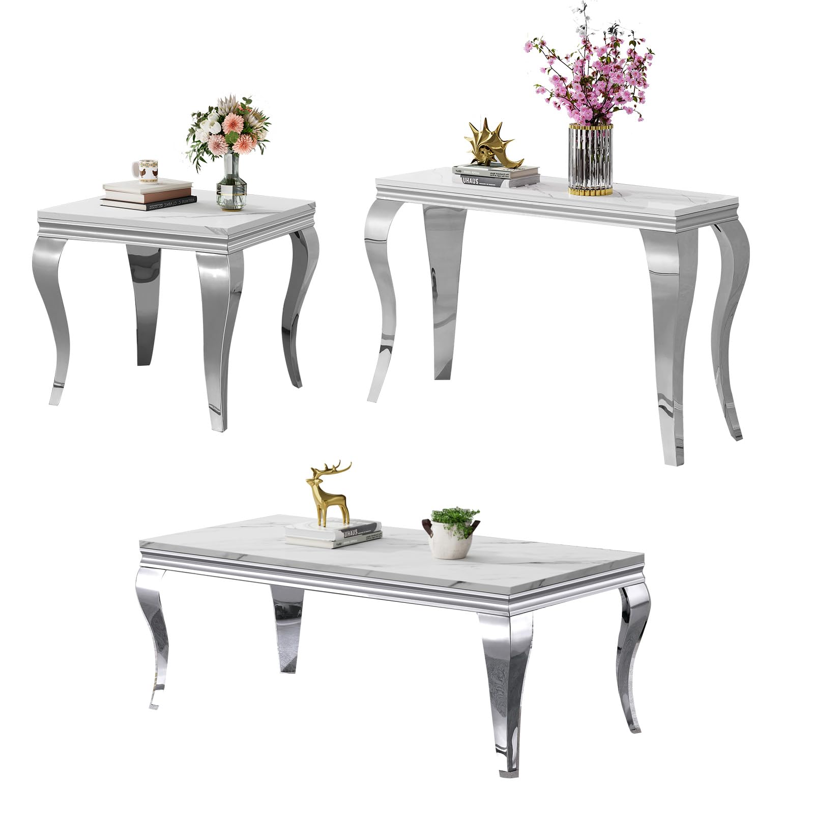 Luxury Coffee Table Set of 3, Coffee Table with End Table, Sofa Console Table, Modern 3 Piece Living Room Table Set with Faux Marble Top &amp; Silver Stainless Steel S Legs for Apartment Home Office