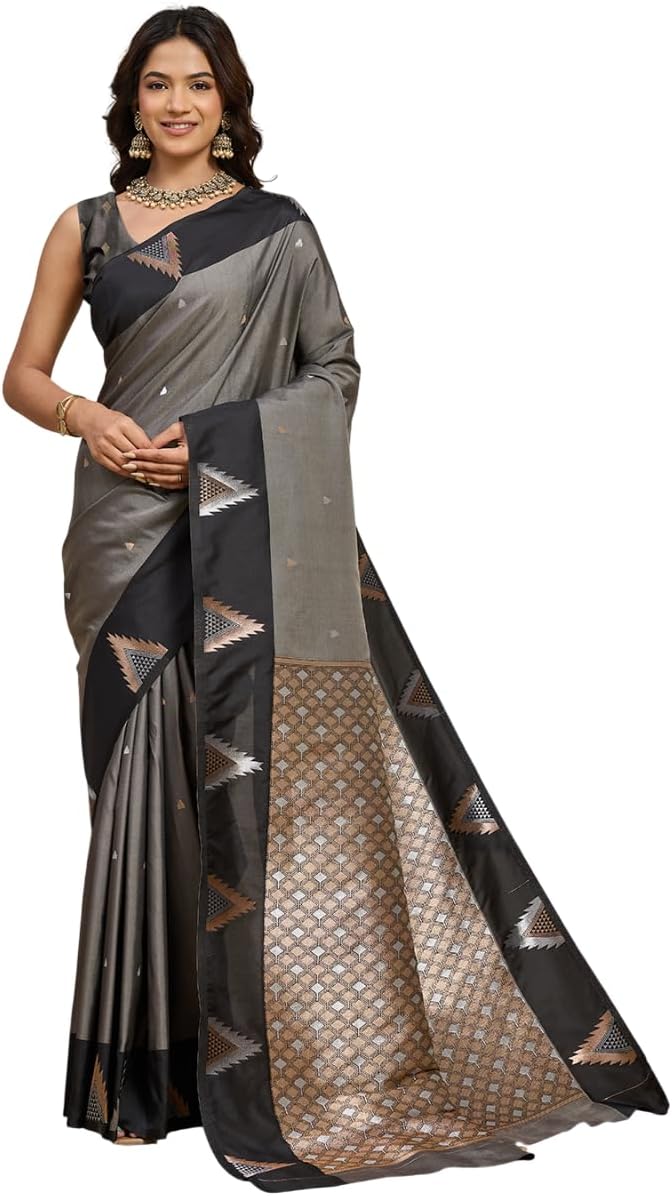 VARNI FABRICS, Women's Silk Blend Saree With Geometric Pattern, Woven Border, Traditional Indian Ethnic Wear