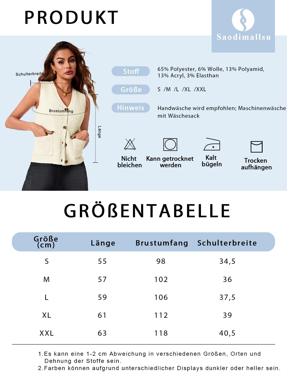 Saodimallsu Pull sans manches pour femme - Coupe ample - Gilet en tricot - Bouton en V - Tricot tendance et décontracté - Avec poches, Noir , L
