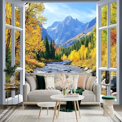 Murales de pared de tamaño personalizado, mural de ventana de río de montaña, extraíble, autoadhesivo, papel tapiz fotográfico grande para sala de estar, dormitorio, oficina