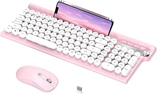 Wireless Keyboard and Mouse Combo - Wireless Typewriter Keyboard and Silent Mouse Combo, Cute Pink Keyboard with Phone Holder, 2.4G USB Computer Keyboard and Mouse Set for Windows Laptop/Desktop/PC