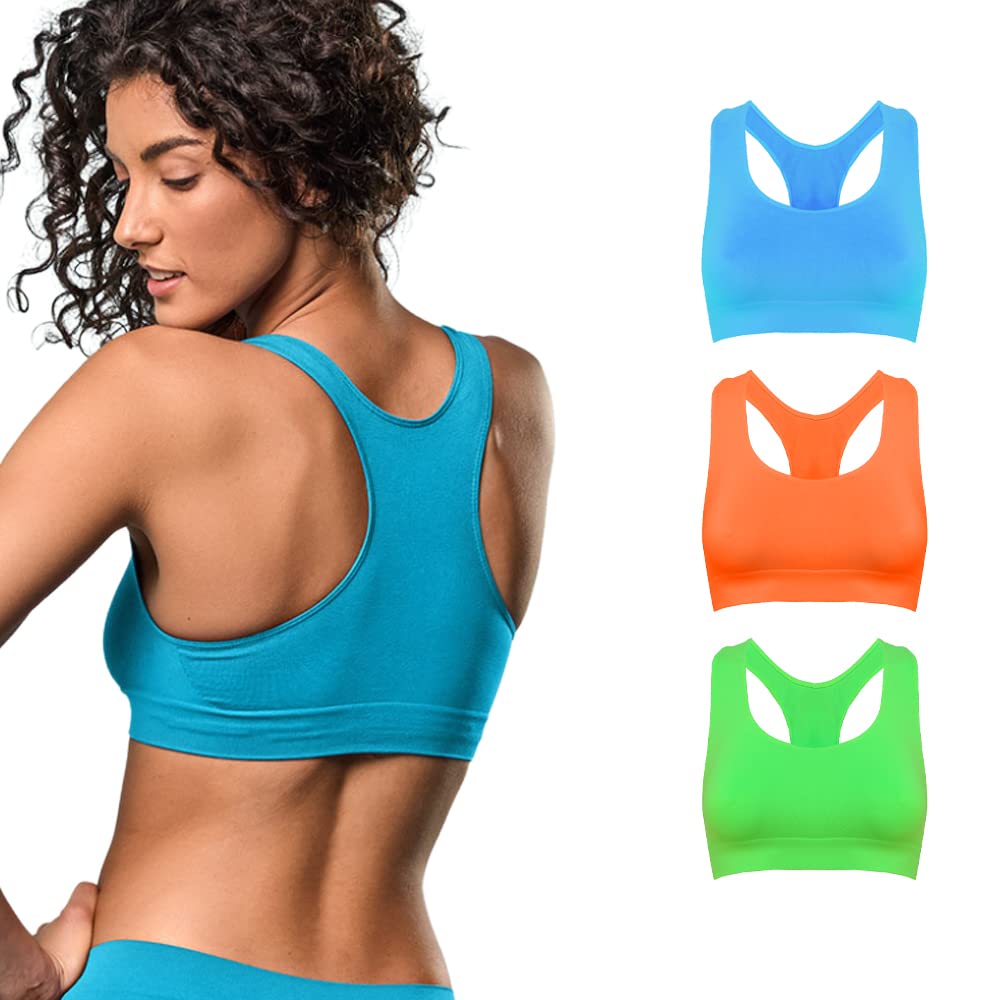 FOCENZA Soutien-gorge de sport sans armatures en microfibre respirant, sans couture, multipack de 3 pièces en différentes couleurs, fabriqué en Italie