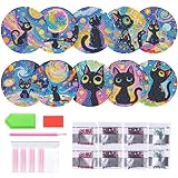 Pawsautomotively 10 Stück Diamond Painting Untersetzer, Katzen-Muster, Hölzernes, mit Halter und Diamant-Tasche, DIY Handgefertigt Kunsthandwerk, für Anfänger, Erwachsene und Kinder