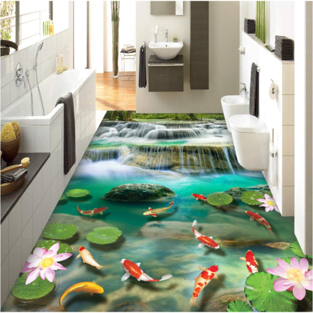 Papel tapiz 3d Cascadas cascadas lotus carp 3D estereoscópico suelo baldosas sala de estar baño 3d suelo-250cmX175cm