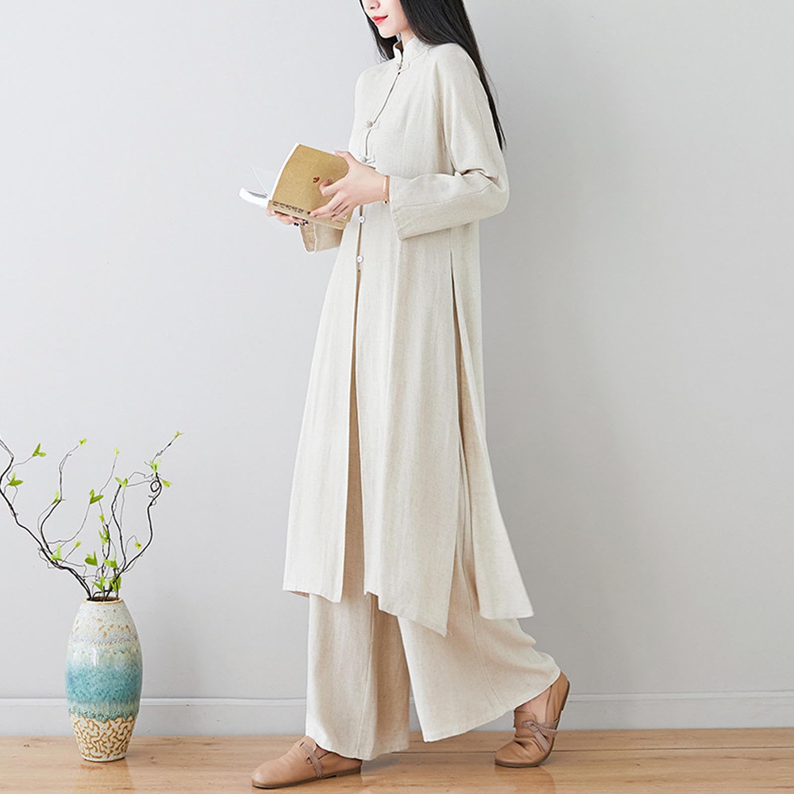 Tai-Chi-Anzug für Damen, Traditionelle Chinesische Zen-Meditationsuniform, Baumwolle und Leinen, Lange Ärmel, Kung Fu für Kampfsport, Qigong,Beige-XXL