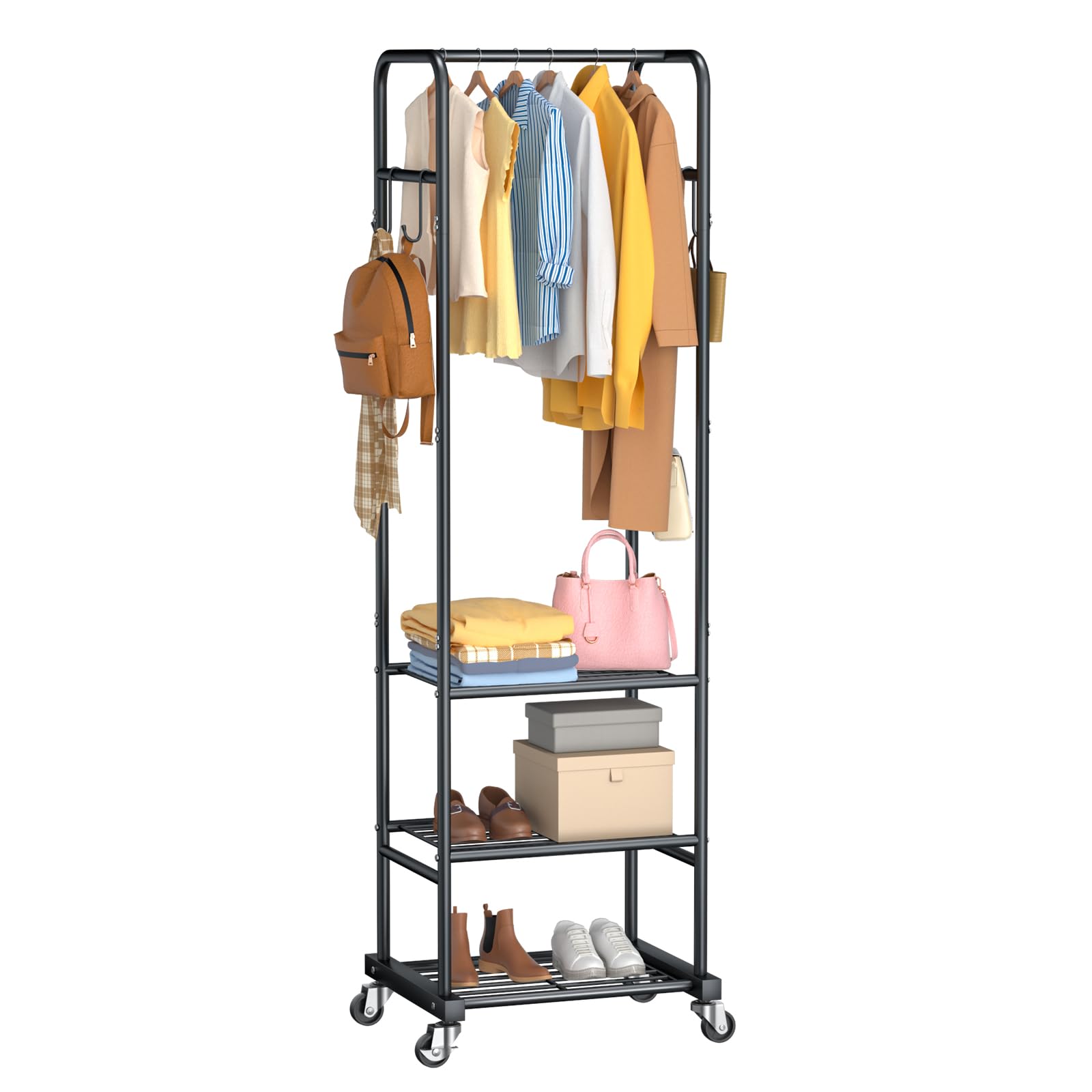 Clothes Rack with Wheels Freestanding Garment Rack with 3 Metal Shelves for Hanging Clothes Portable Hanging Rod for
