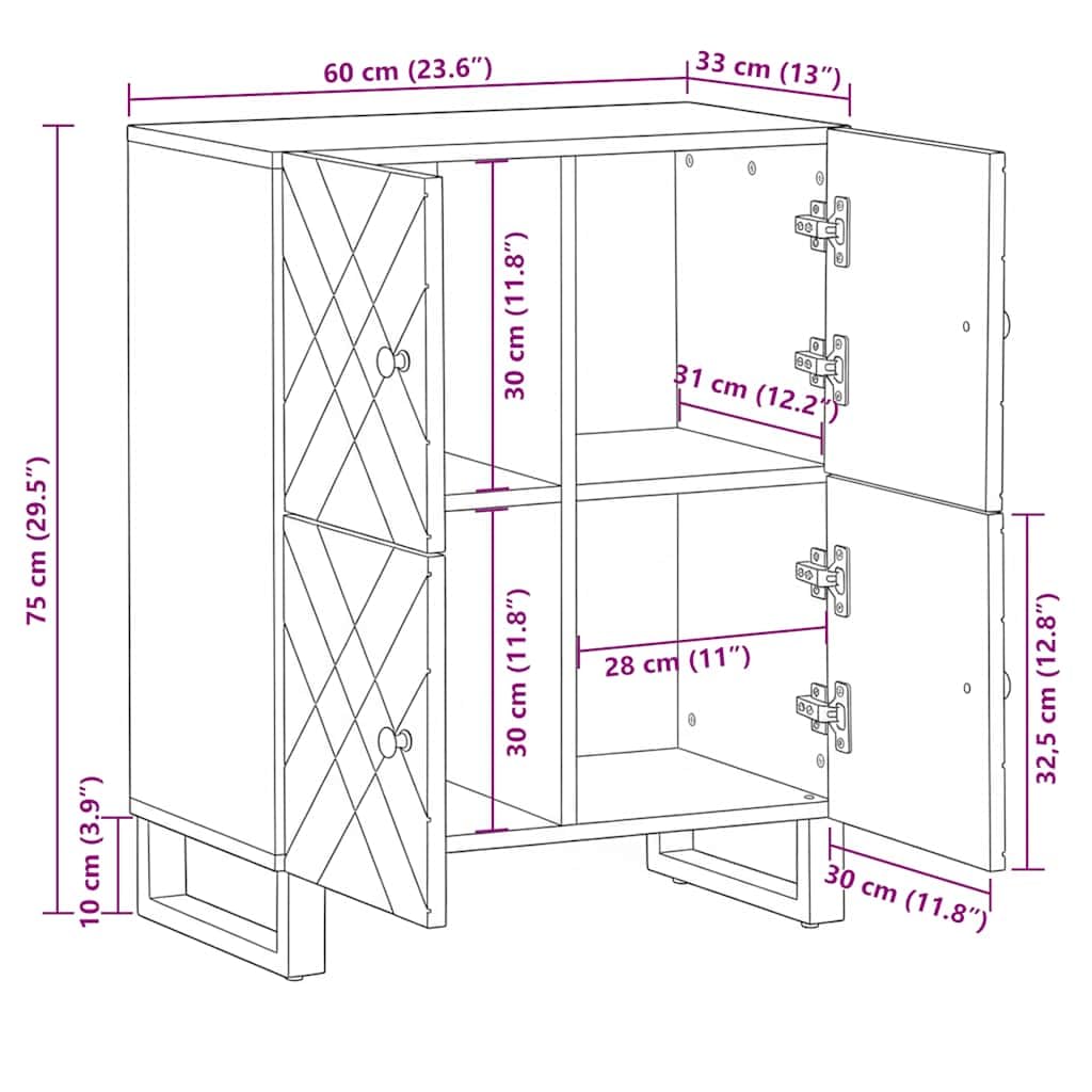 Mangloder Sideboard Schwarz aus Massivholz Mango 60x33x75 cm, TV Board Lowboard mit Metallbeinen, Stauraum für Wohnzimmer, Heimkino, Gaming, Kommode für Fernseher und Receiver