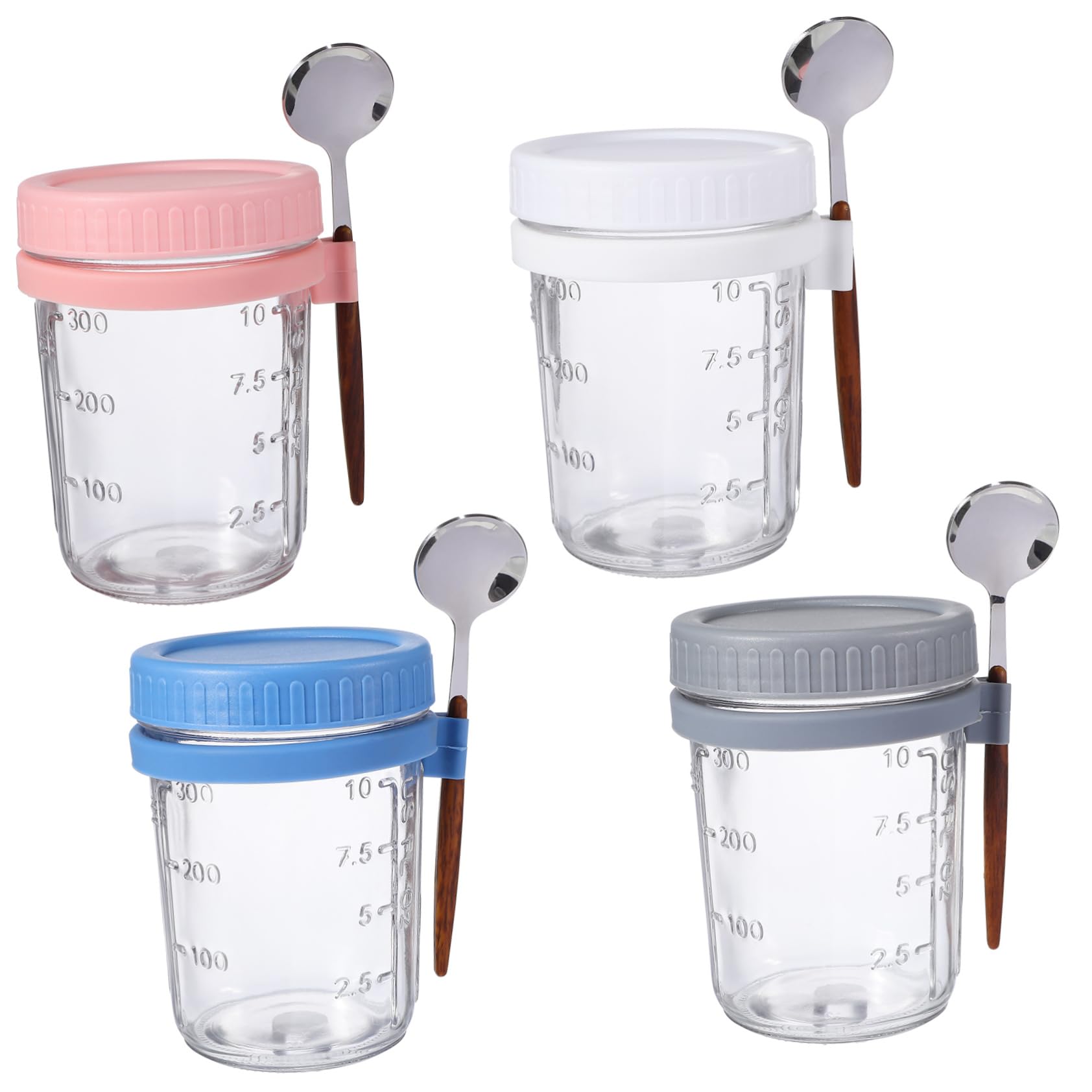 Mikinona 4 Stück Overnight Oats Behälter mit Deckel und Löffel 400ml Glasbehälter für Lebensmittel Vorratsdose Glas mit Holzdeckel