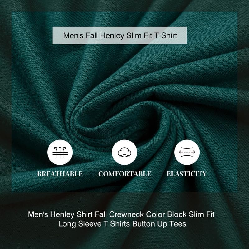 Men's Henley Shirt Fall Crewneck Color Block Slim Fit Long Sleeve T Shirts Button Up Tees - Image 7