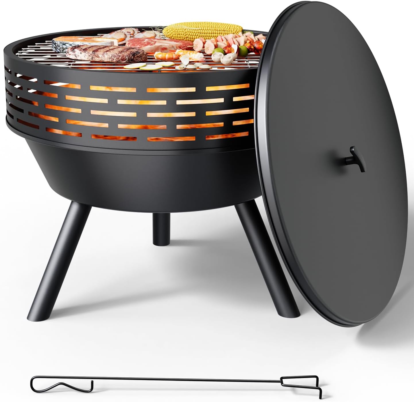 23 inch Outdoor Fire Pit with Lid & Grill, Heavy Duty Wood Burning Fire Pits for Outside, with Functions for BBQ, Cast Iron Fire fire Bowl Table for Patio Backyard, with Handle & Poker