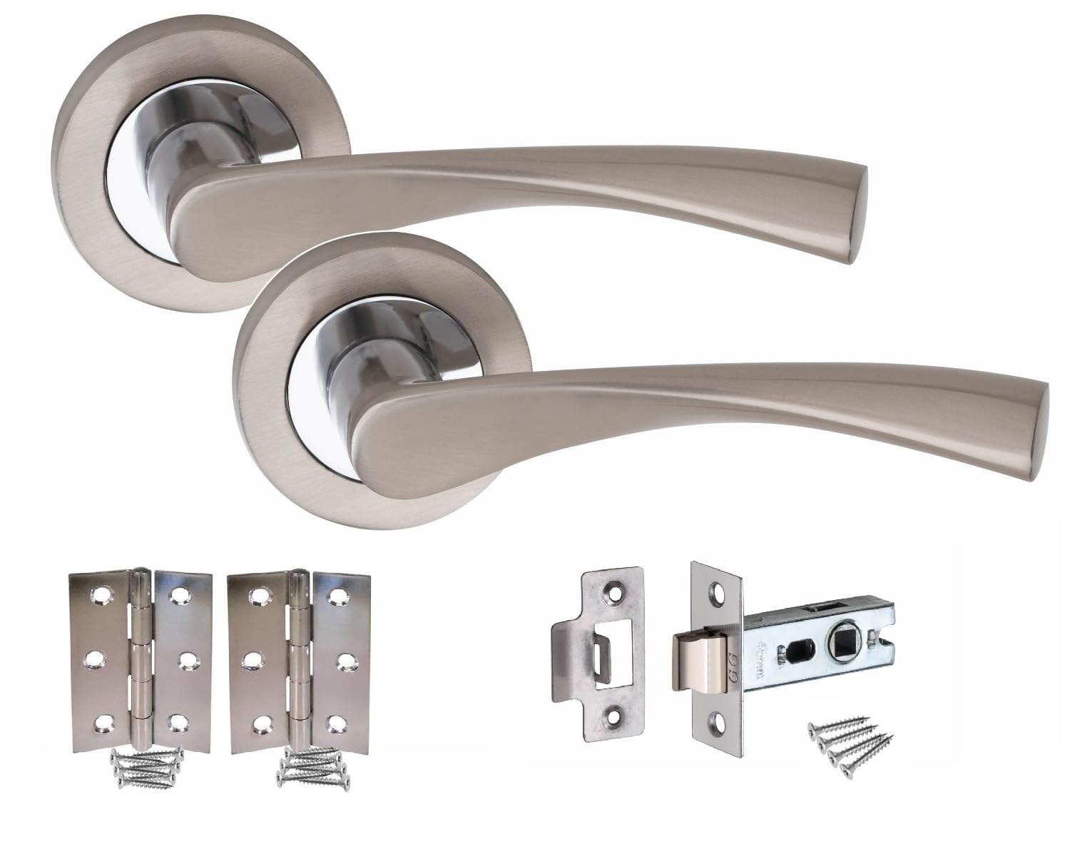 Golden Grace Duo ( Satin Nickel /Polished Chrome) 681Skx7 Astrid Modern Door Handles On Round Rose In Duo Chrome Finish With Hinges & Latches - 7 Sets