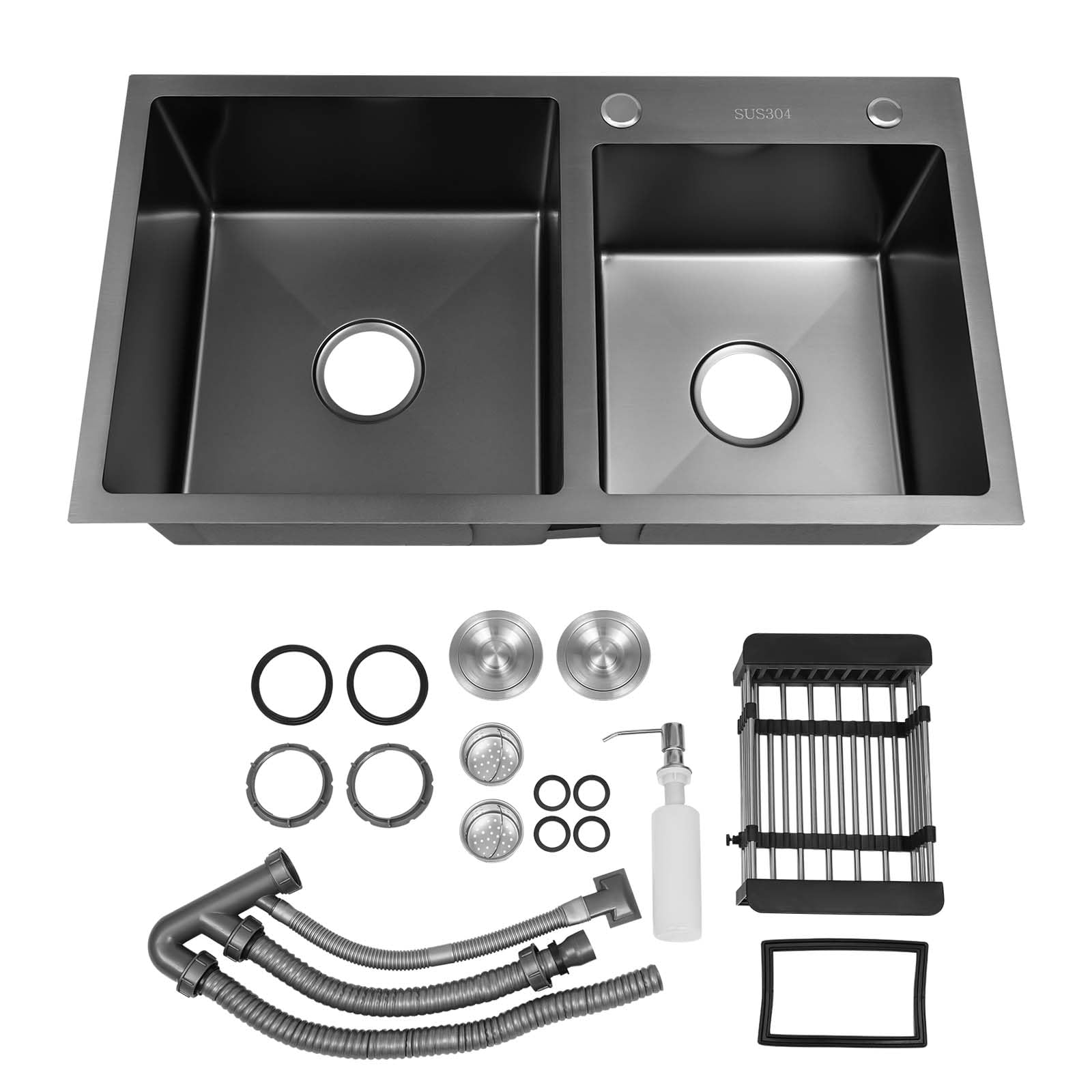 Fregadero doble de acero inoxidable para empotrar, fregadero de cocina cepillado, con juego de desagüe y rebosadero, tubo de cocina, fregadero doble, 78 x 43 x 22 cm (negro)