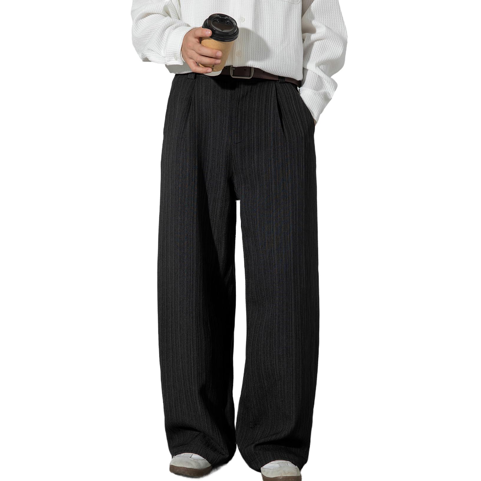 Pantaloni Da Uomo Neri A Righe, Gamba Larga, Pieghettati, Comodi, Da Lavoro E Business, A Vita Alta
