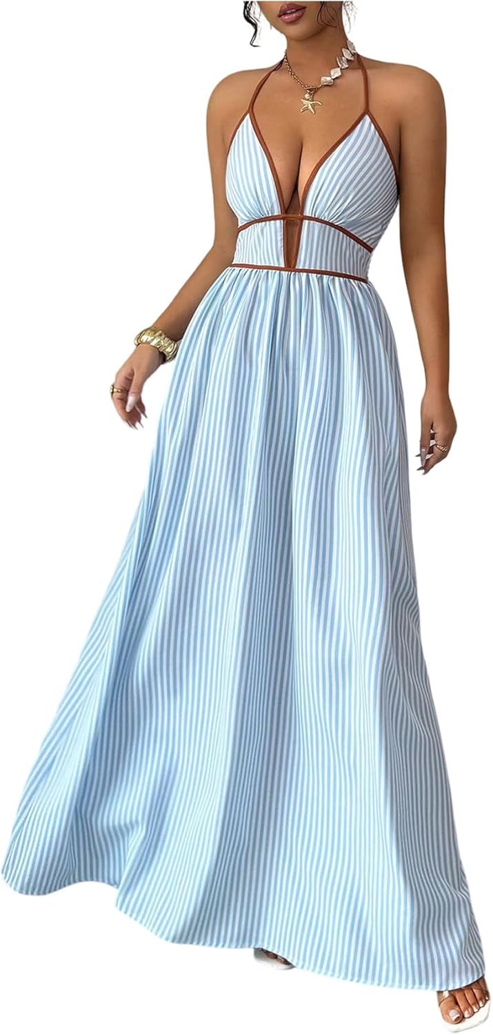 Floerns Women's Striped Halter Maxi Dress Backless Smocked Beach Vacation Boho Dress