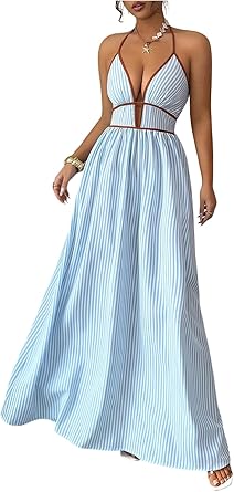Floerns Womens Striped Halter Maxi Dress Backless Smocked Beach Vacation Boho Dress
