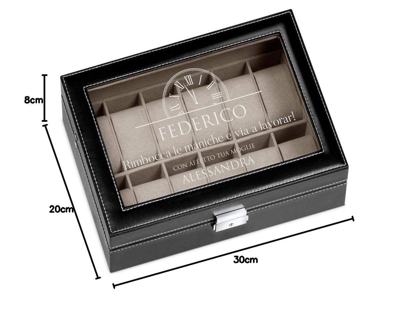 Maverton Cofanetto Porta Orologi con 12 scomparti - Custodia orologi in similpelle nera - Coperchio in vetro - Fodera beige in velluto - incisione personalizzata - regalo uomo - Ora