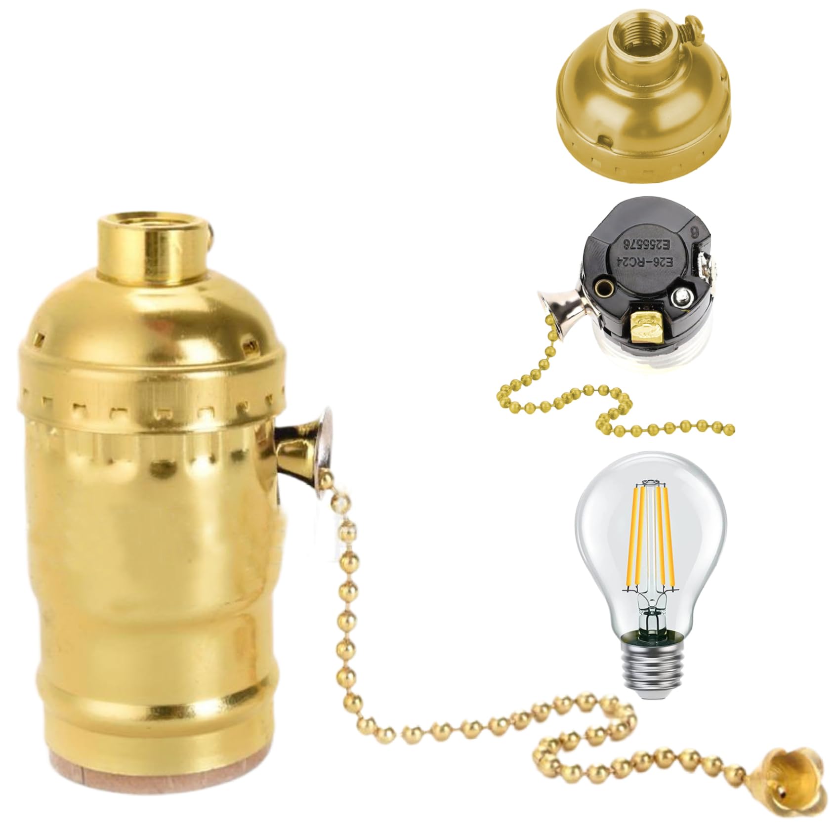 Hperu Pull Chain Light Socket Screw Thread Lamp Socket with Pull Chain Vintage Metal Lamp Holder for E26 E27 Light Bulbs Gold